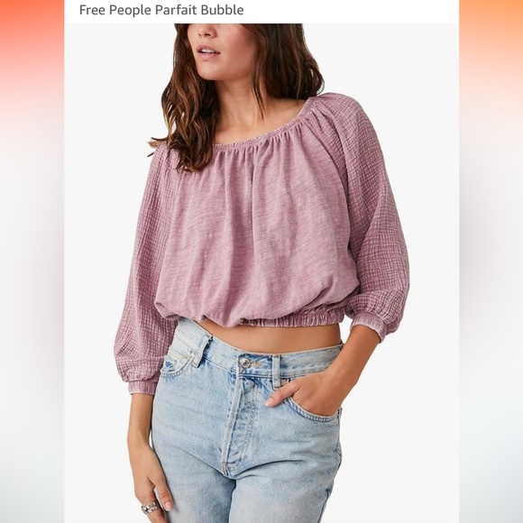 We The Free Parfait Bubble Top Dried Currant Top Cotton Cropped Off Shoulder